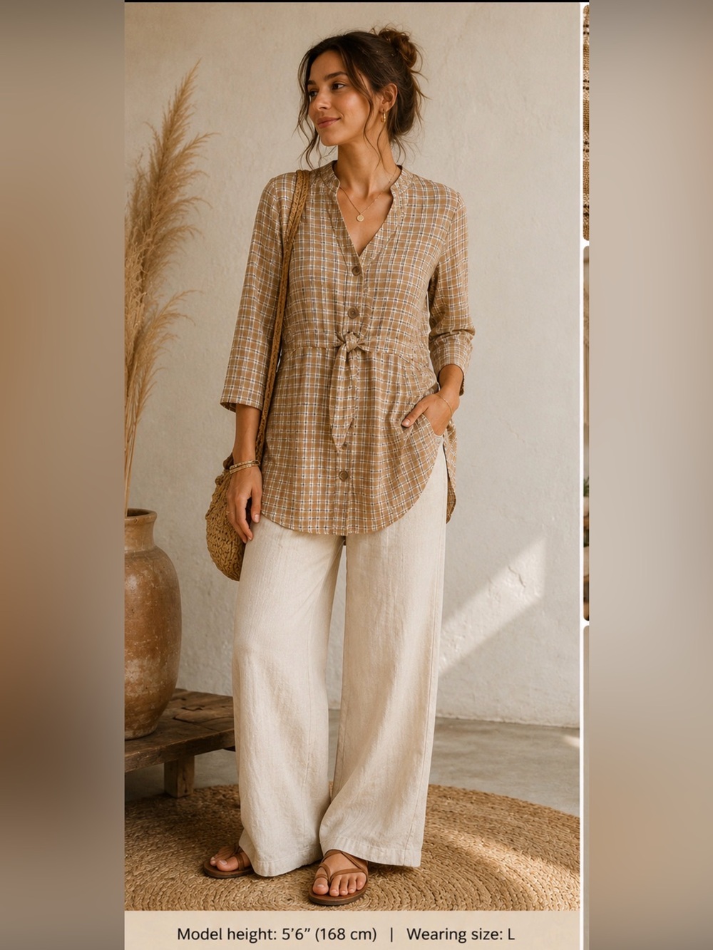 MNG Mango Casual Plaid Tie Front Tunic Top Size 8‎ Beige Brown Boho Cottagecore